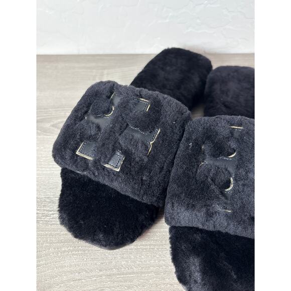Tory Burch Black/Gold Double T Shearling Slide Slippers 8 M Leather Logo NIB - Picture 5 of 7